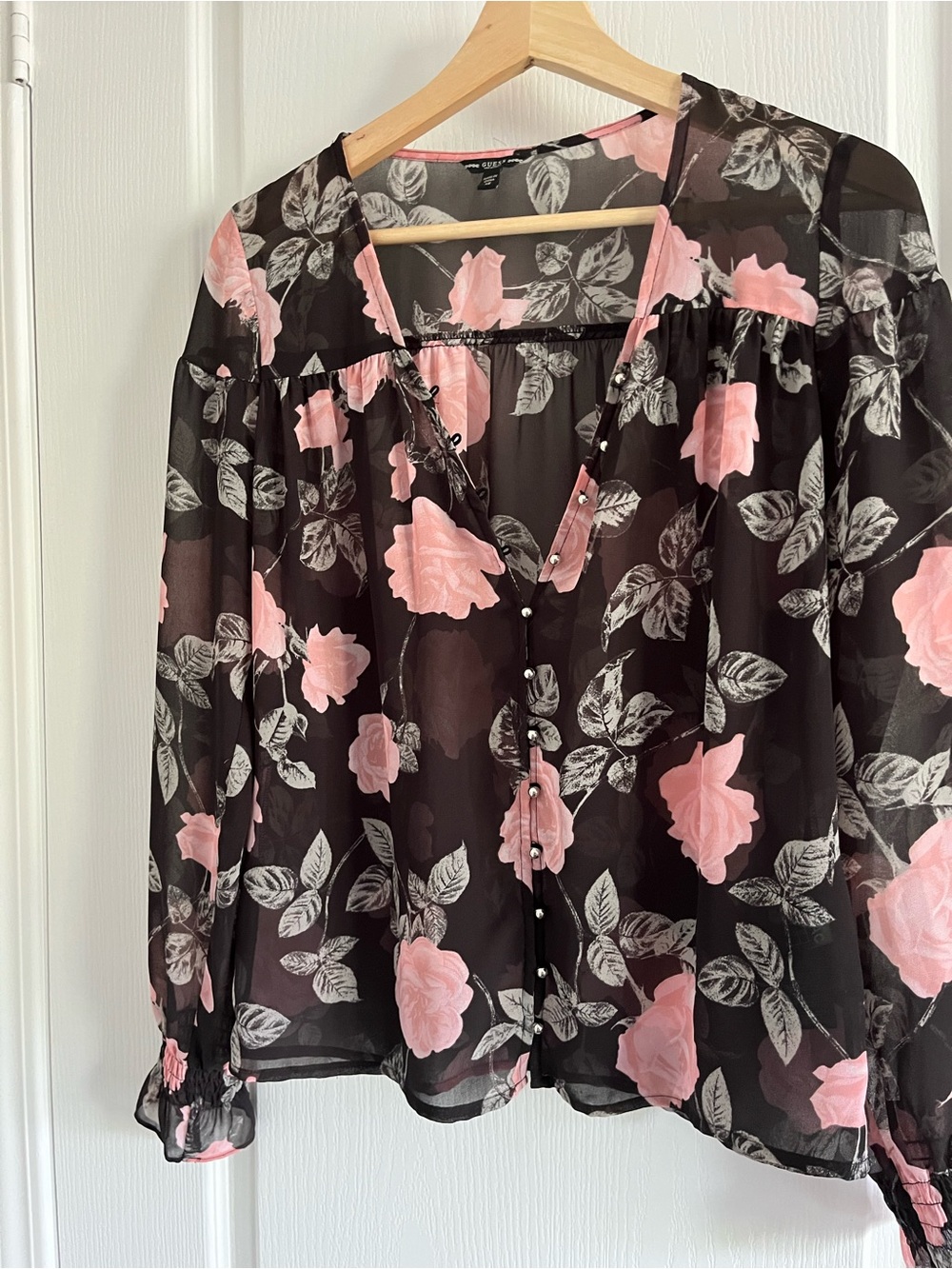 Guess Black Sheer Blouse with Pink Floral Print XS - Picture 3 of 13